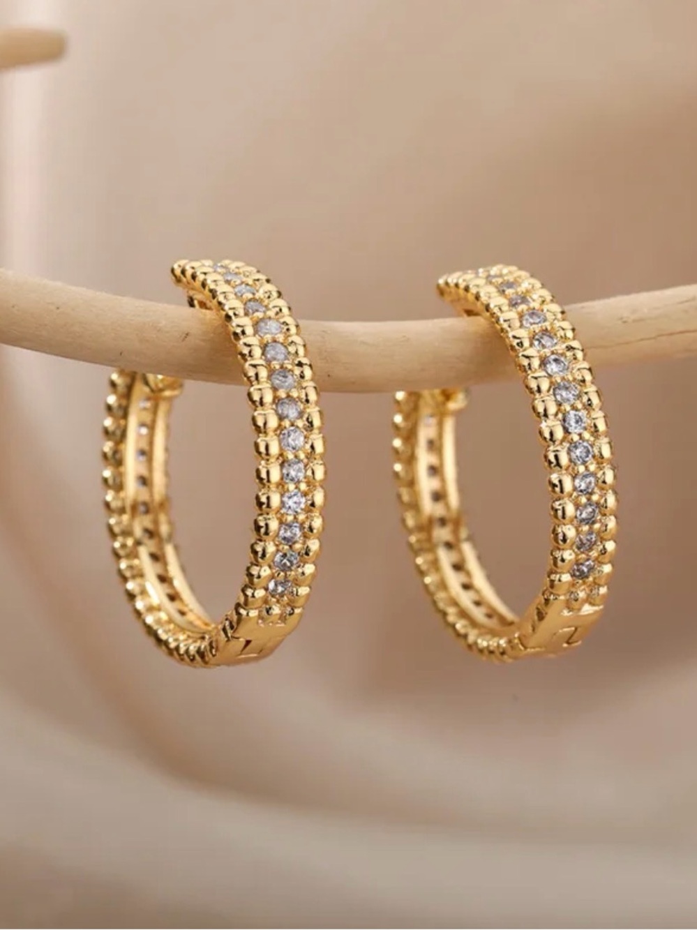 CZ & Bead Hoop Earrings NWT 18KT Gold PVD